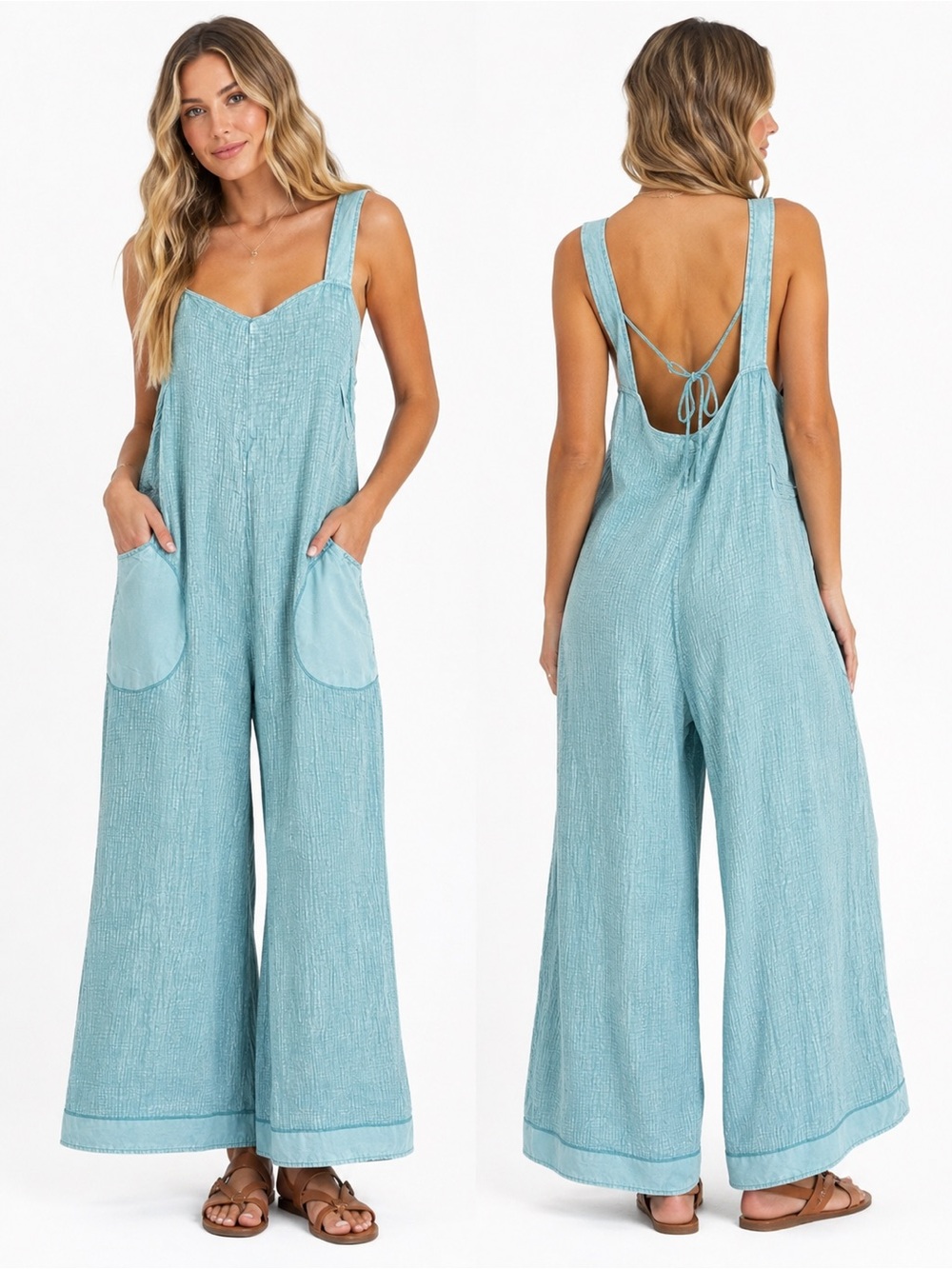 🌺 Zenana Whitewashed Teal Wide Leg Jumpsuit Oversized S/M NWOT